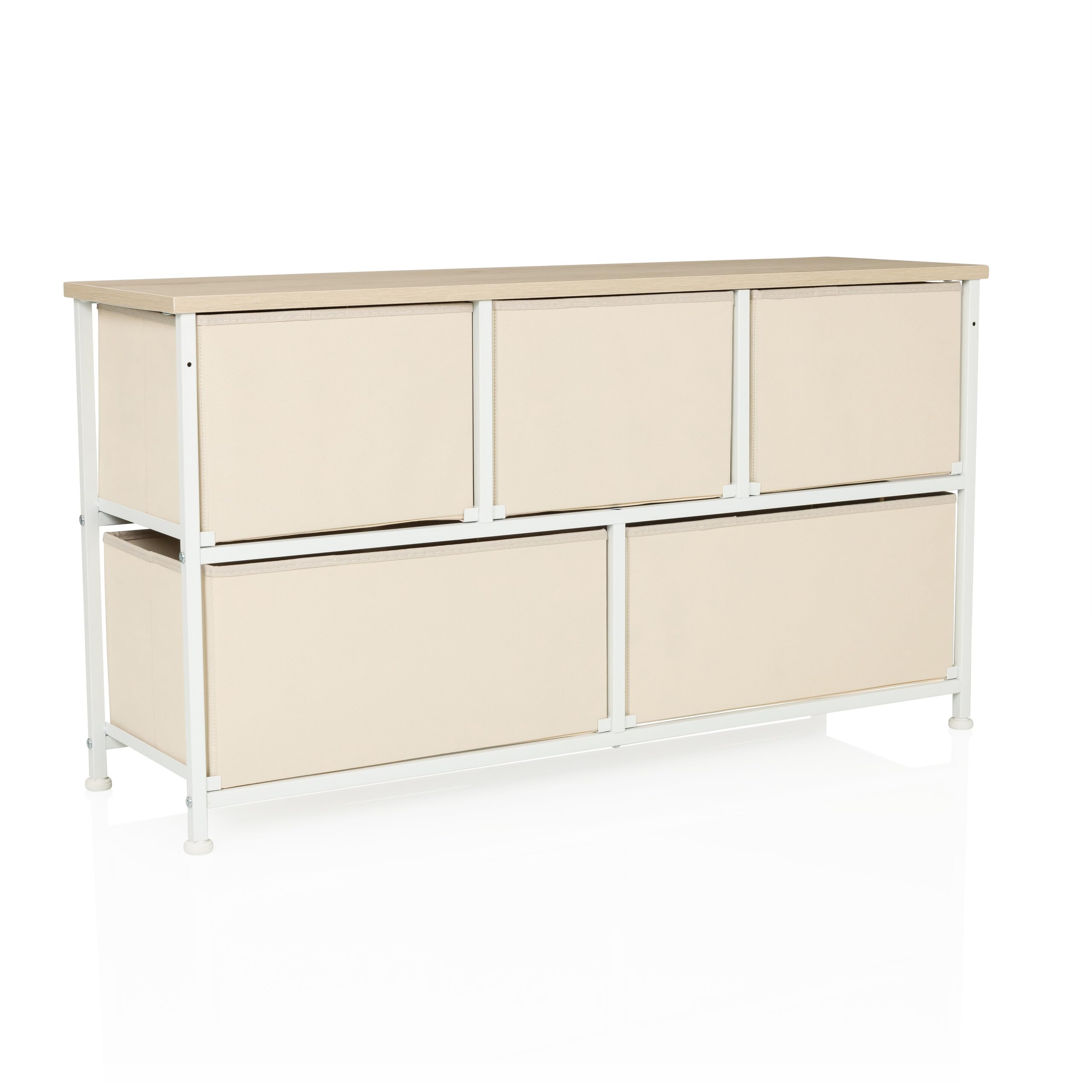 Kommode mit 5 Stoffschubladen, 100x30x55 cm, Beige | Schubladenkommode Organizer, höhenverstellbare Fußgleiter, Metall-Gestell