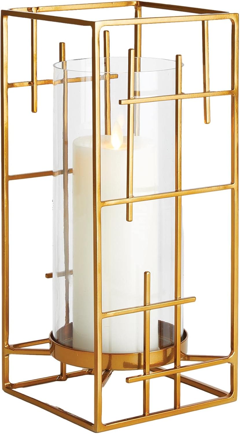 MY SWANKY HOME Contemporary Gold Metal Grid Hurricane Candle Holder Geometric Squares Cage