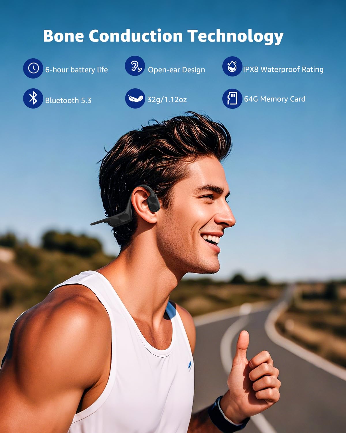 ANOUV Bone Conduction Headphone Wireless Headphone Built-in 64GB MP3, IPX8 Waterproof Swimming Open Ear Headphones with Mic,Bluetooth 5.3 Sports Earphone Black