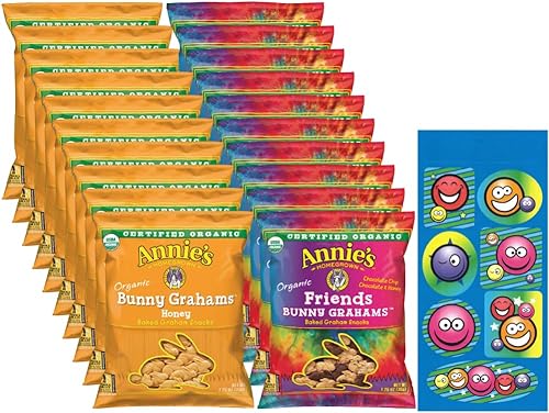 Annie's Organic Baked Graham Snacks Variety, Friends Bunny Grahams y Honey Bunny Grahams (paquete de 20) con calcomanías de By The Cup