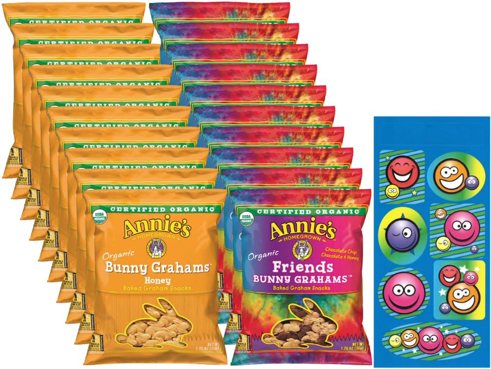 Annie's Organic Baked Graham Snacks Variety, Friends Bunny Grahams and Honey Bunny Grahams (Pack of 20) with Stickers