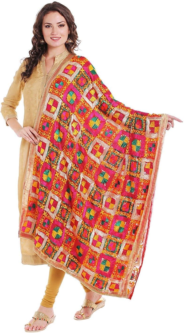 HOT HOUSE CRAFTS Women's Punjabi Phulkari Chiffon Dupatta (HHC_36, Multicolour, Large)