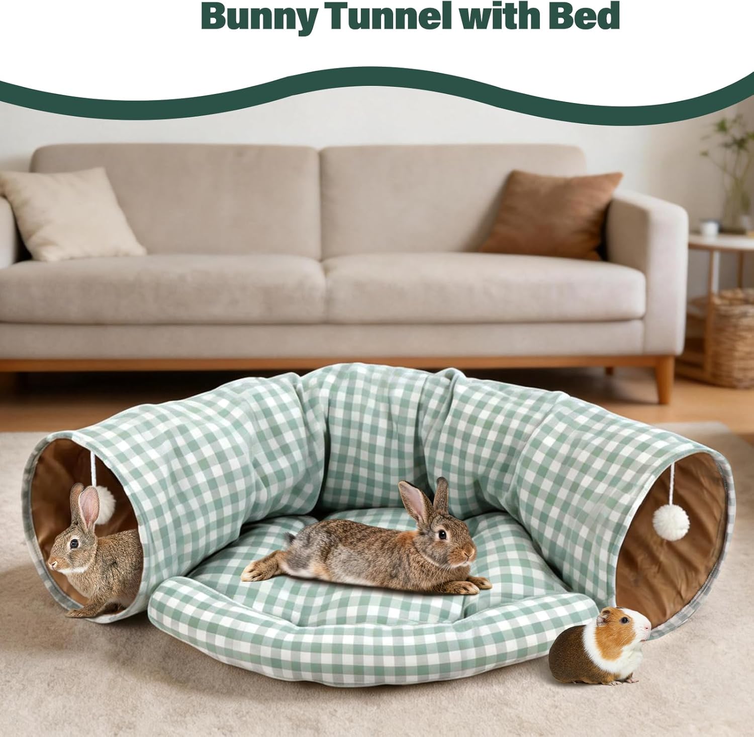 BWOGUE Bunny Tunnel Bed, 2-in-1 Collapsible Tunnel Tubes Toys with Removable Mat Hideout for Cats Kittens Rabbits Guinea Pigs Kitty (GreenPlaid)