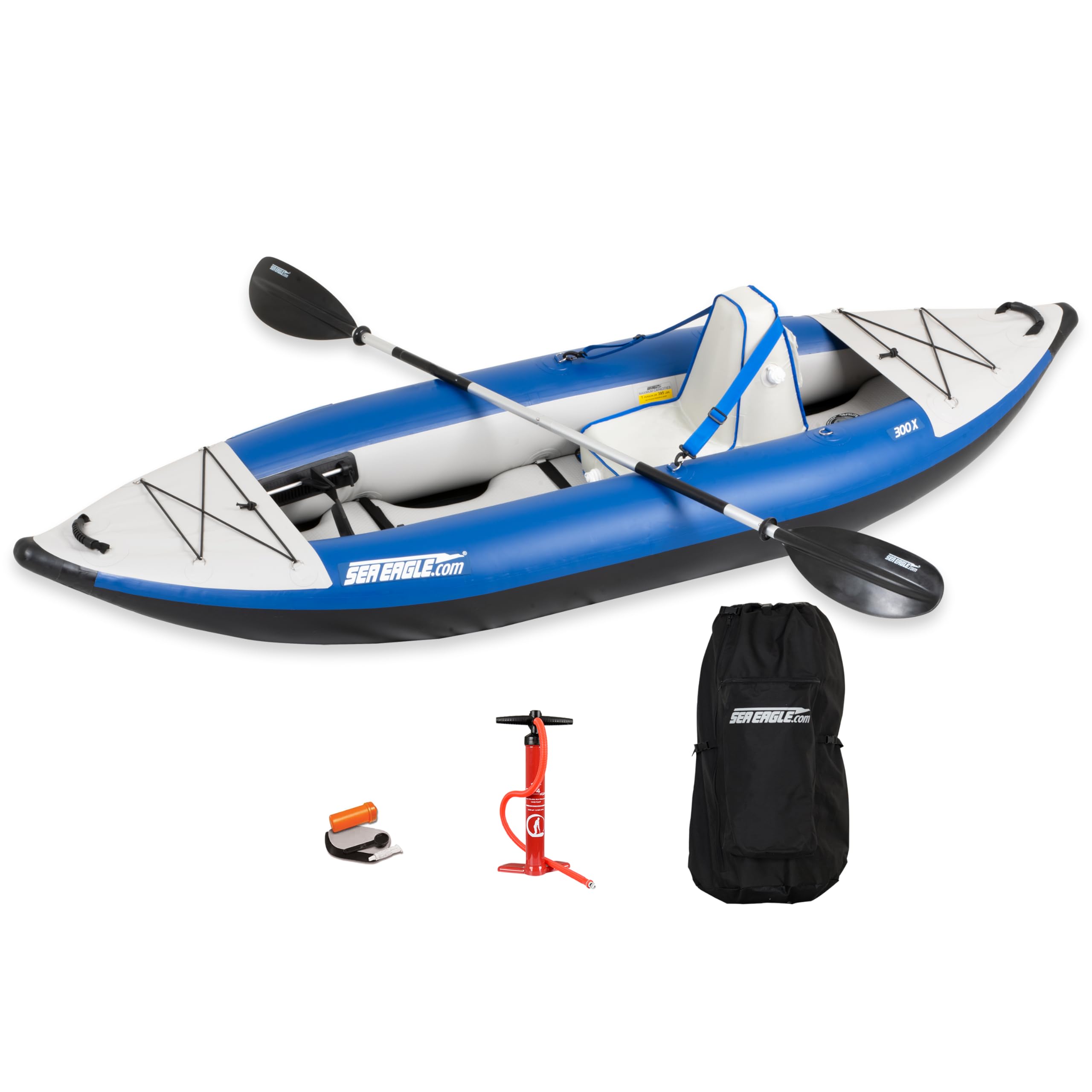 Sea Eagle 300X Explorer Touring, Camping, Fishing Whitewater Inflatable Kayak, Solo, Self-Bailing, Drop Stitch Floor-Paddle, Seat, Pump, Skeg, Bag