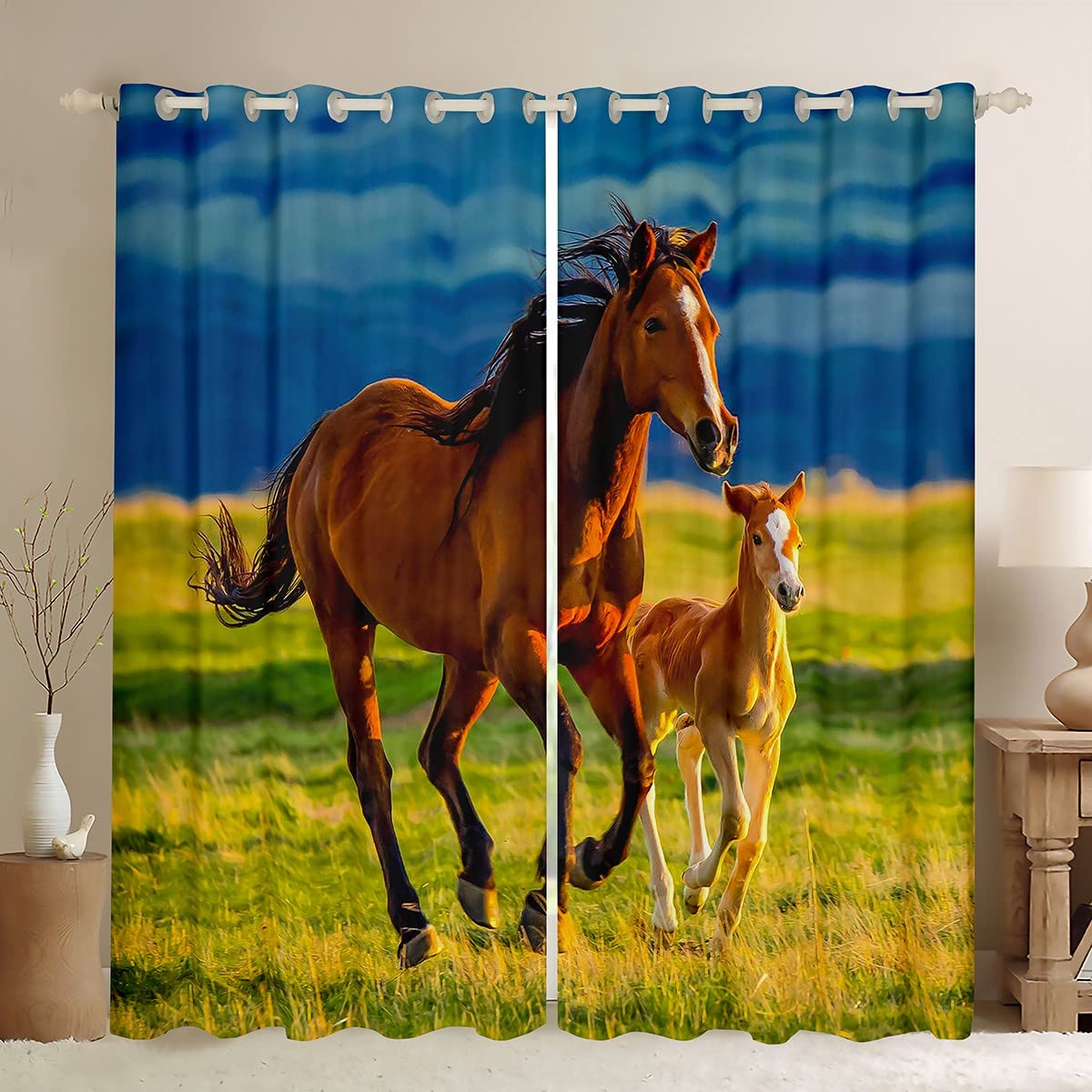 Loussiesd Horse Curtain for Kids Boys Girls Galloping Horse Darkening Curtain 3D Wild Animal Blackout CurtainBedroom Farmhouse Family Window Drapes W46*L54 โ image 1