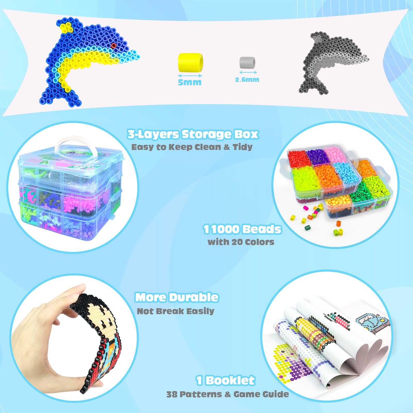 Cuentas Para Planchar, 11000 Piezas Abalorios Fusibles de 20 Colores Set con Caja de Almacenamiento, Guía del Usuario, Diseño DIY de Joyas, Creativas y Manualidade, Para Niños Cumpleaños Navidad (5mm)