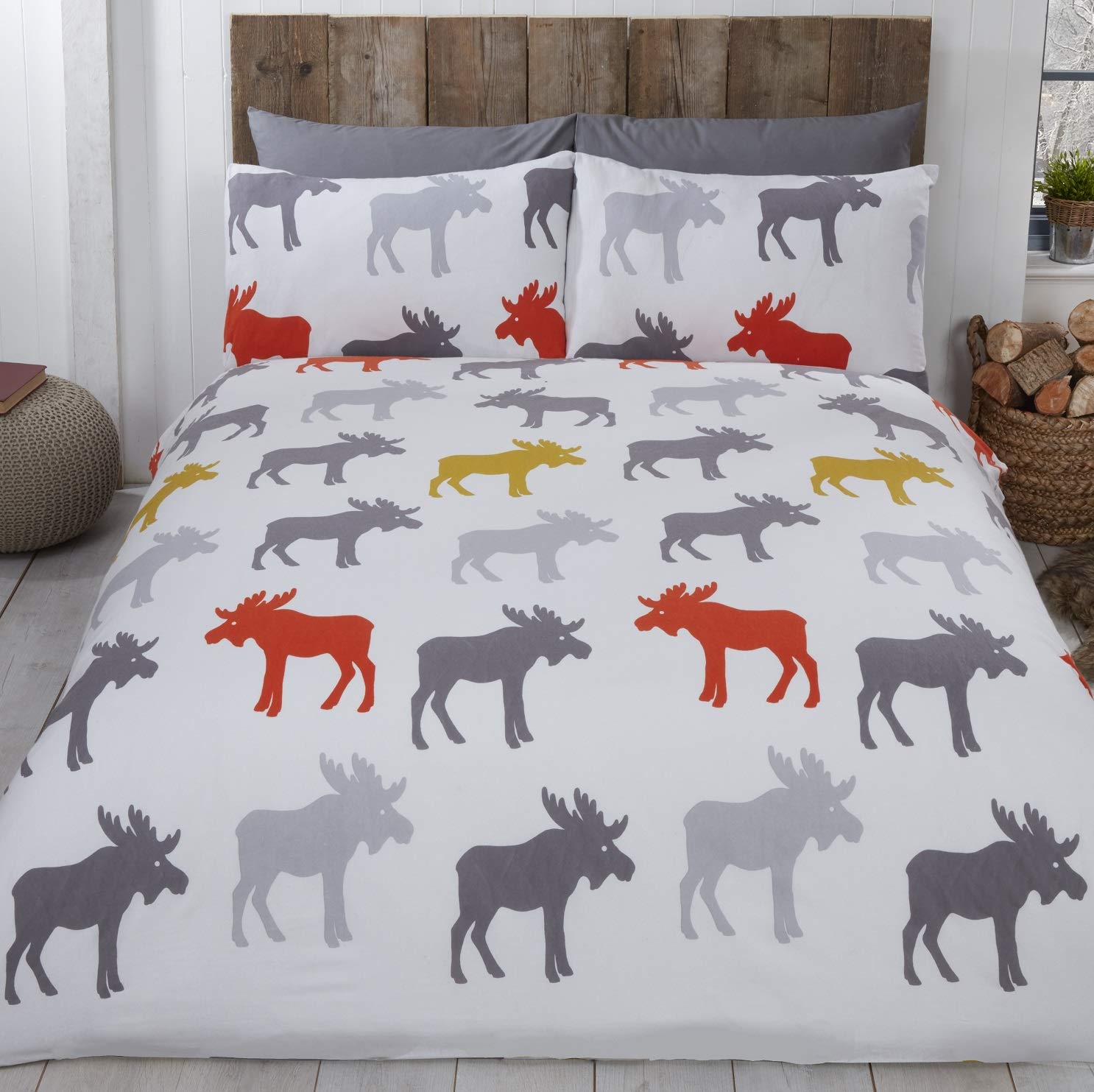 Rapport Home 100% Brushed Cotton Flannelette King Duvet Quilt Cover Ochre Moose Bedding Set