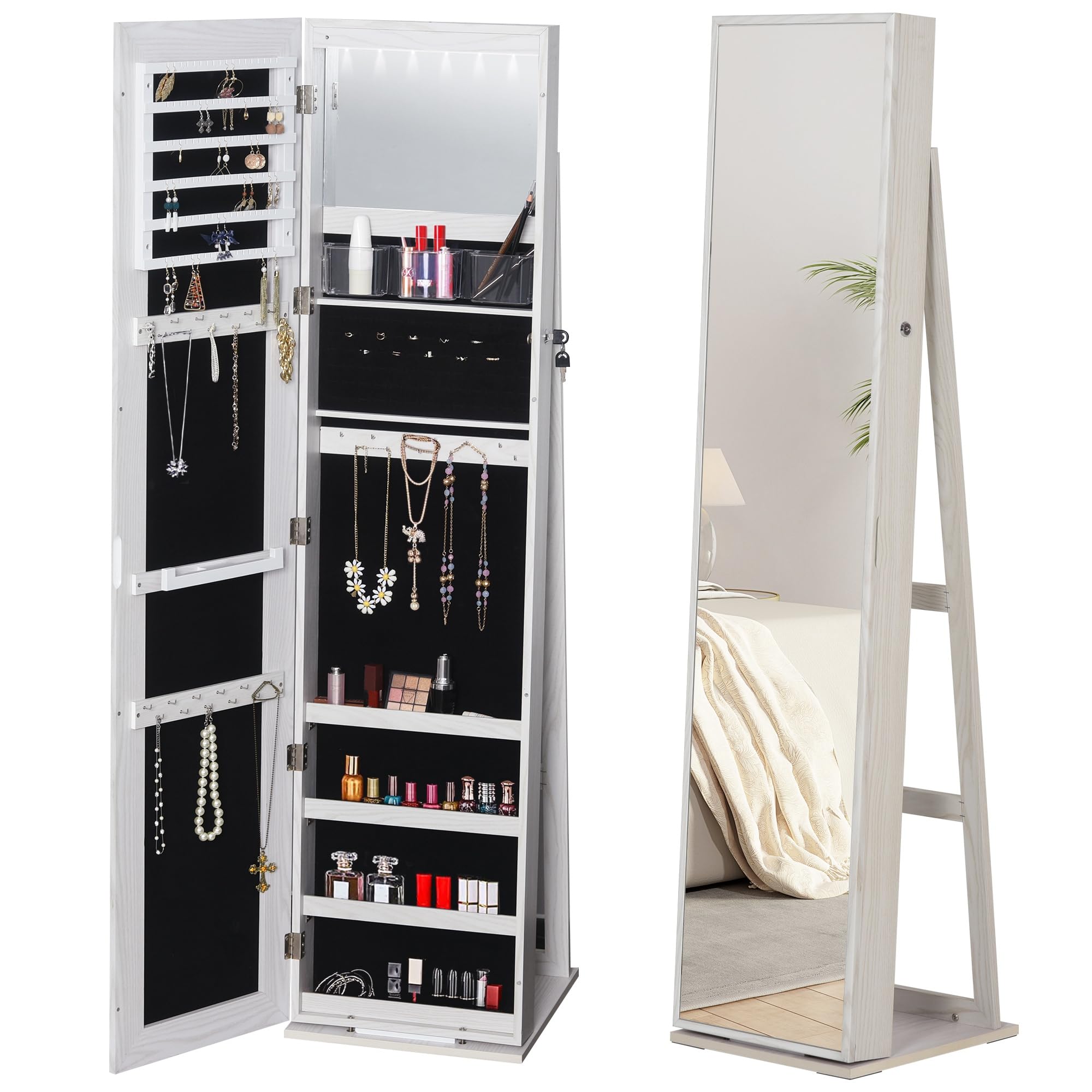 HOMCOM HOMCOM Espejo Joyero de Pie Armario de Joyería con 6 Luces LED y Cerradura Organizador de Joyas con Estantes Ranuras para Anillos 38x38x157 cm Blanco con Veta de Madera