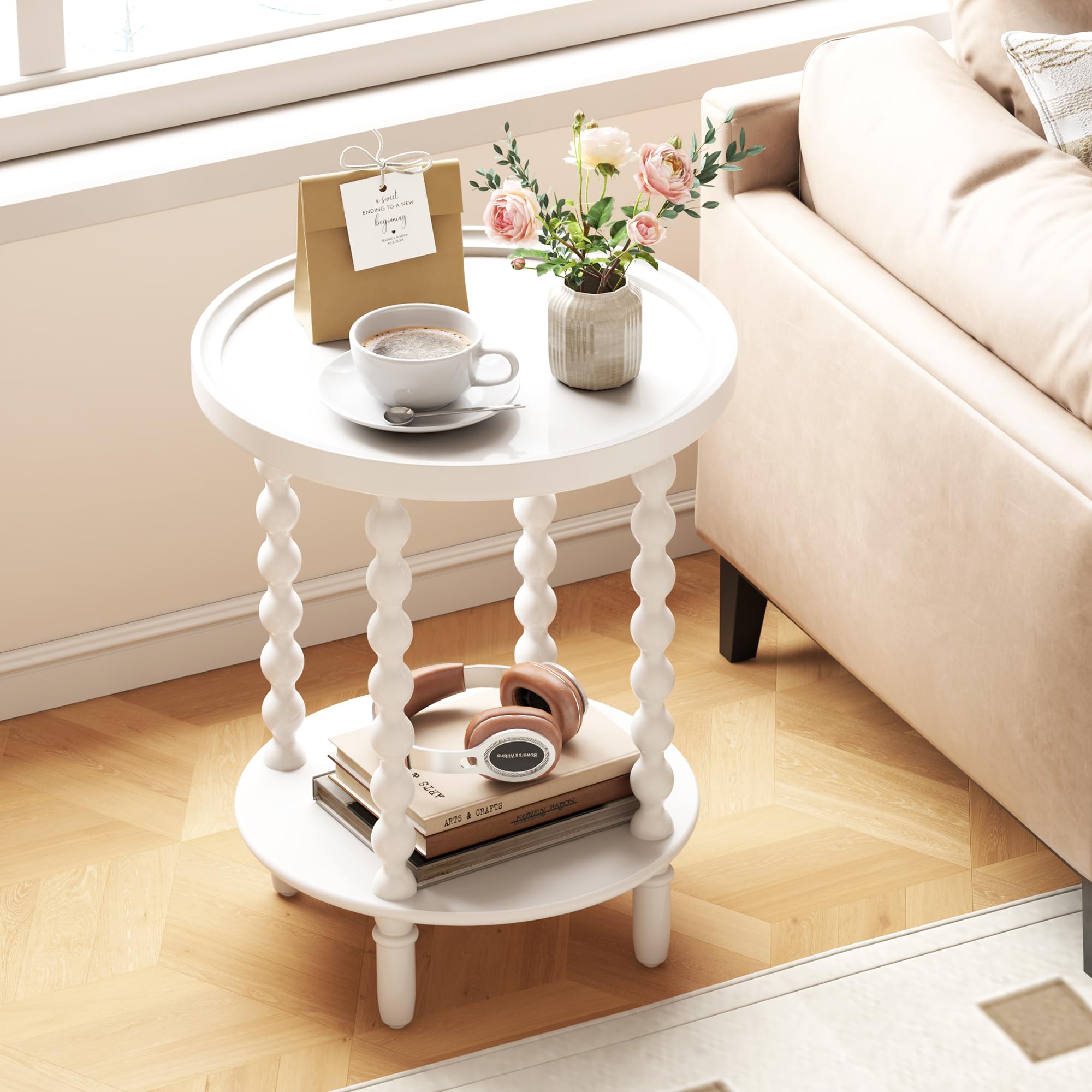 HOMPLE Round Side Table with Storage Shelf