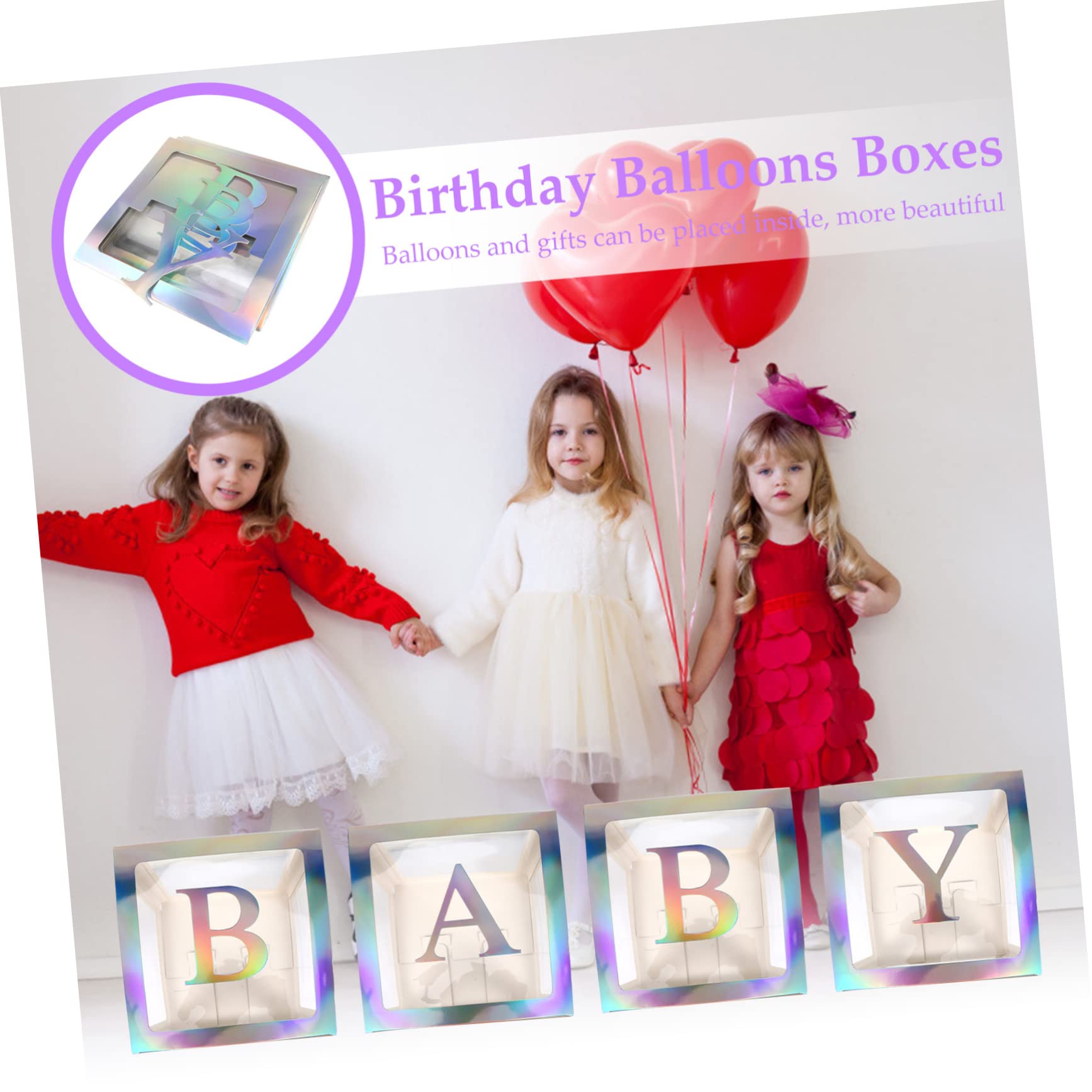 Babyparty Kasten aus Papier mit 4 Teilen und Silbernen Buchstaben | Transparentes Satz, für Kindergeburtstag und Shower, Quadratische Form, als Partydeko