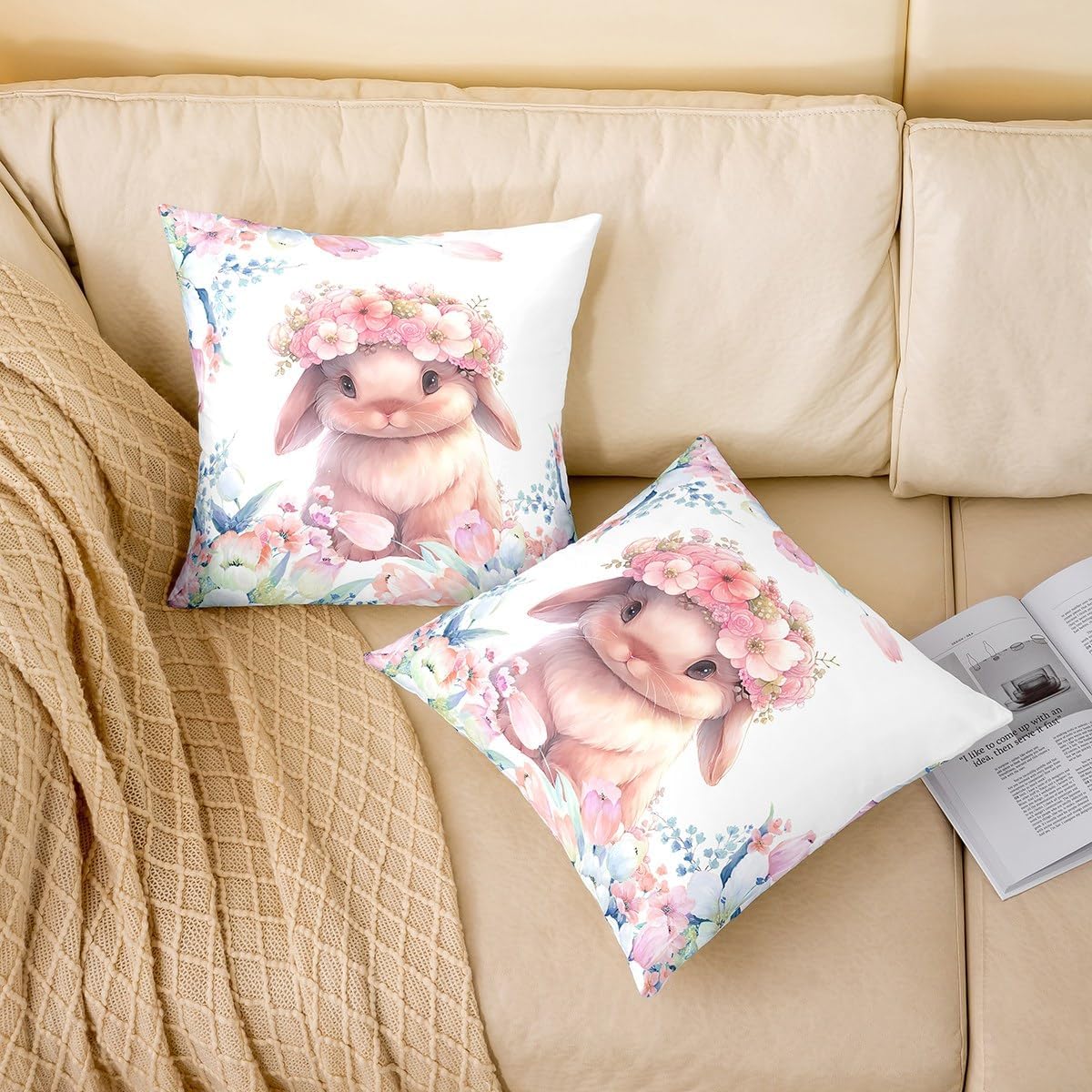Feelyou Cute Rabbit Throw Pillow Covers 24"x24" Set of 2 Cartoon Bunny Animal Decorative Pillowcase for Sofa Bed Chair Flower Floral Print Cushion Cover Farm Zoo Garden Theme Outdoor Pillows Covers