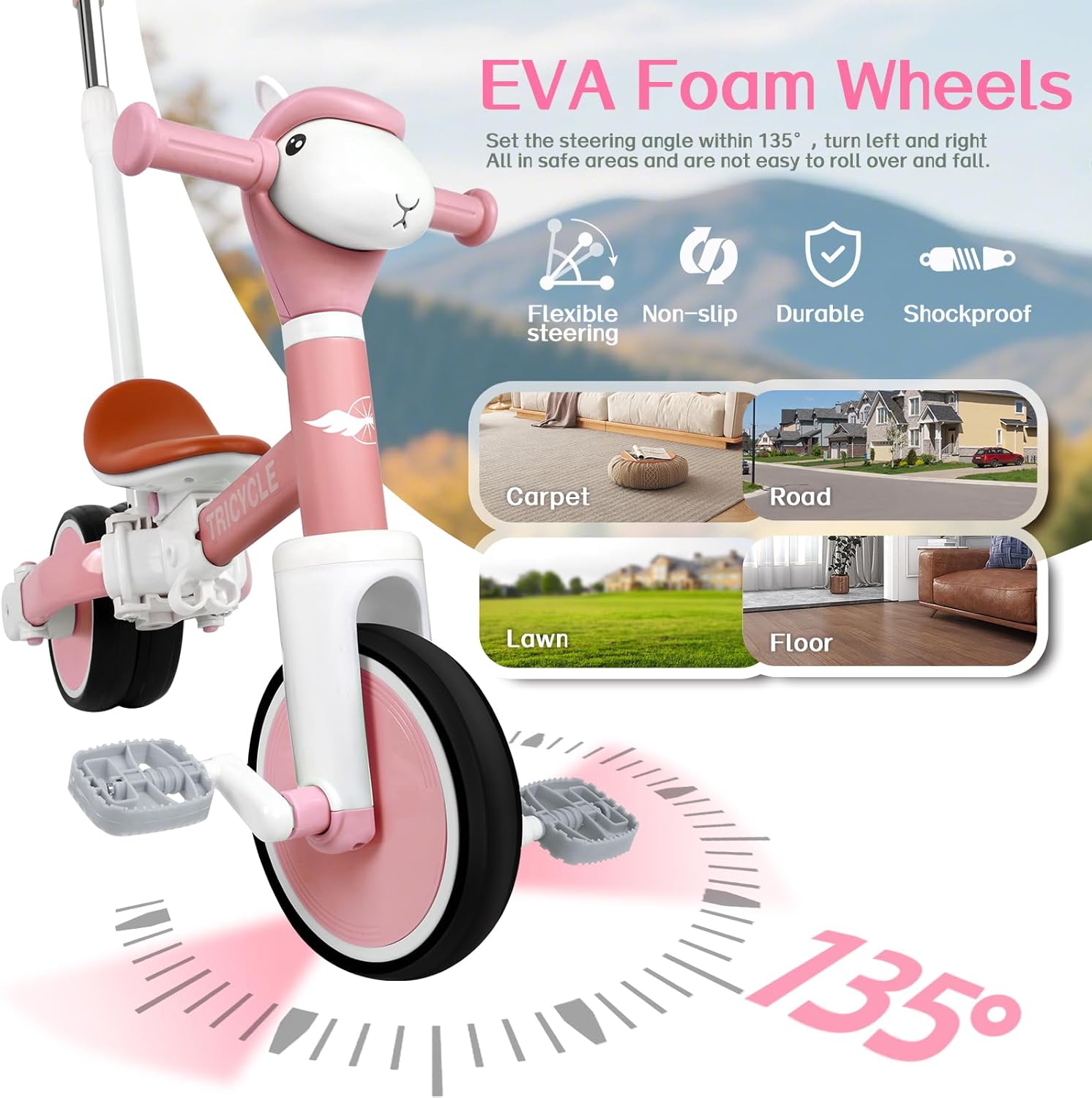 5-in-1 Toddler Tricycle with Lights & Music, Adjustable Push Kids Bike for 1-5 Year Olds, Toddler Balance Bike & Tricycle for Boys & Girls, Birthday Gift for 1 2 3 4 5 Year Old Kids (Pink)