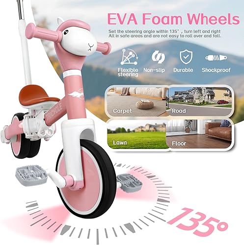 Miniatura 3 de Triciclo para niños pequeños, bicicleta de equilibrio para niños y niñas de 2 a 4 años (rosa)
