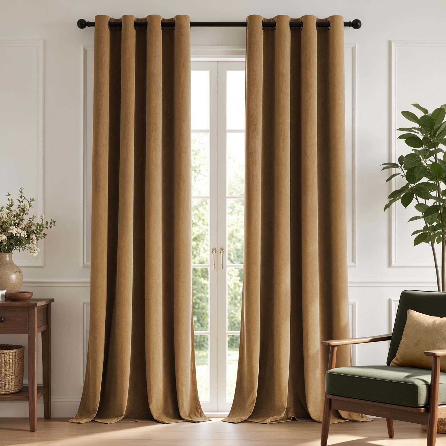 TOPICK Eyelet Velvet Thermal Blackout Curtain 2 PCS Golden Brown, W46 xL90
