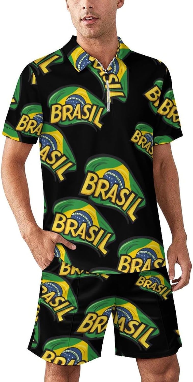 Brazilian Flag Mens Polo Shirts Track Suits 2 Piece Short Sleeve Sweatsuit 1/4 Zip Golf Loungewear for Sports