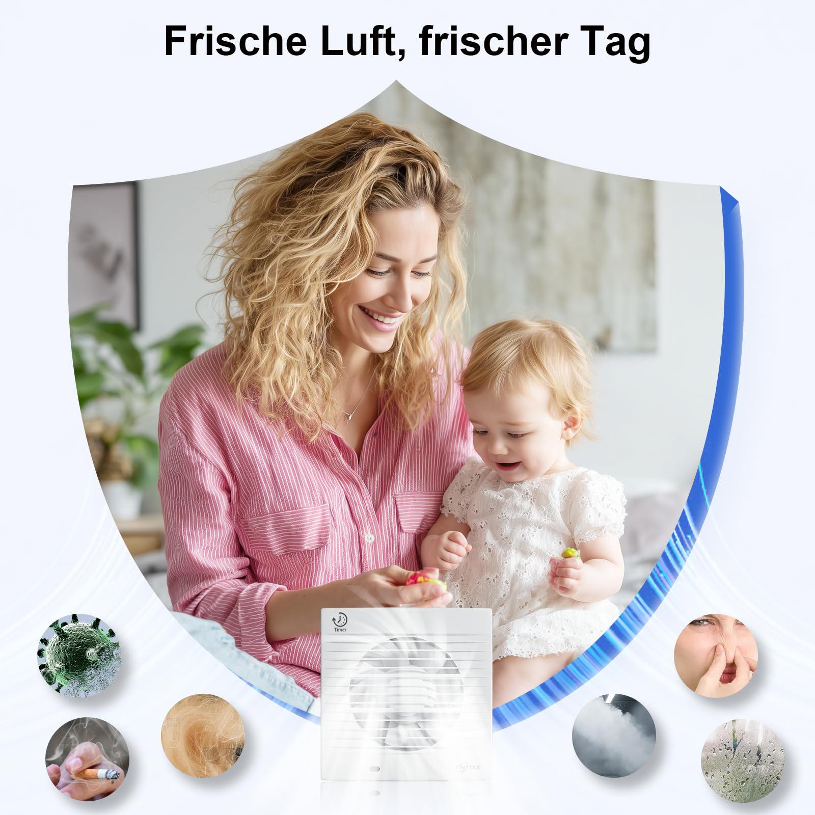 Badlüfter 100mm mit Nachlauf Abluftventilator Küche, 120m³/h IPX2 Wasserdicht Badlüfter mit Rückstauklappe,für Bad Küche Schlafzimmer Garage,Weiß