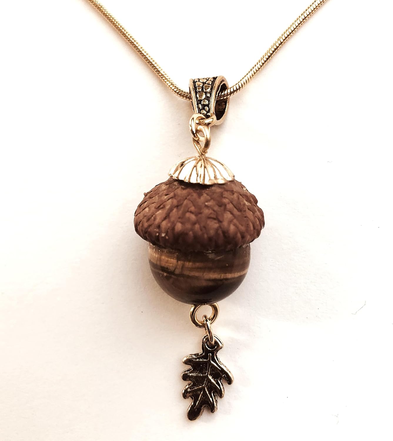 Autumn Jewelry Acorn Large Tiger Eye Bead Pendant, Oak Tree Small Leaf, Natural acorn cap, Gold filled snake chain - Image 2