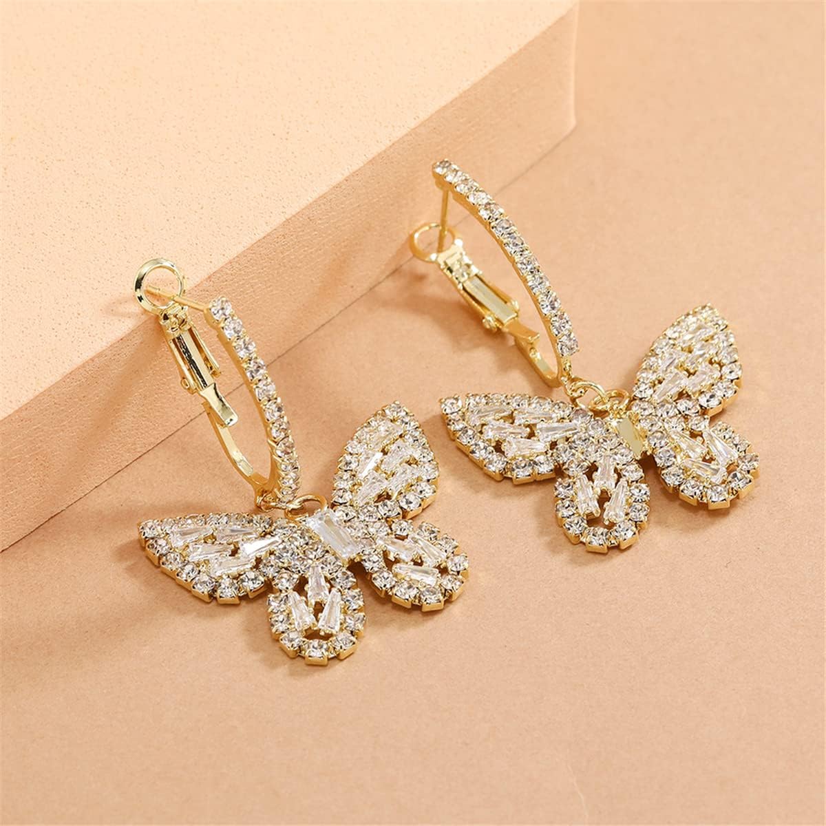 Butterfly Hoop Dangling Earrings For Women,Crystal Rhinestone CZ Drop Earrings For Lady,Gold Plated Cubic Zirconia Earrings for Prom Wedding Brides - Image 4