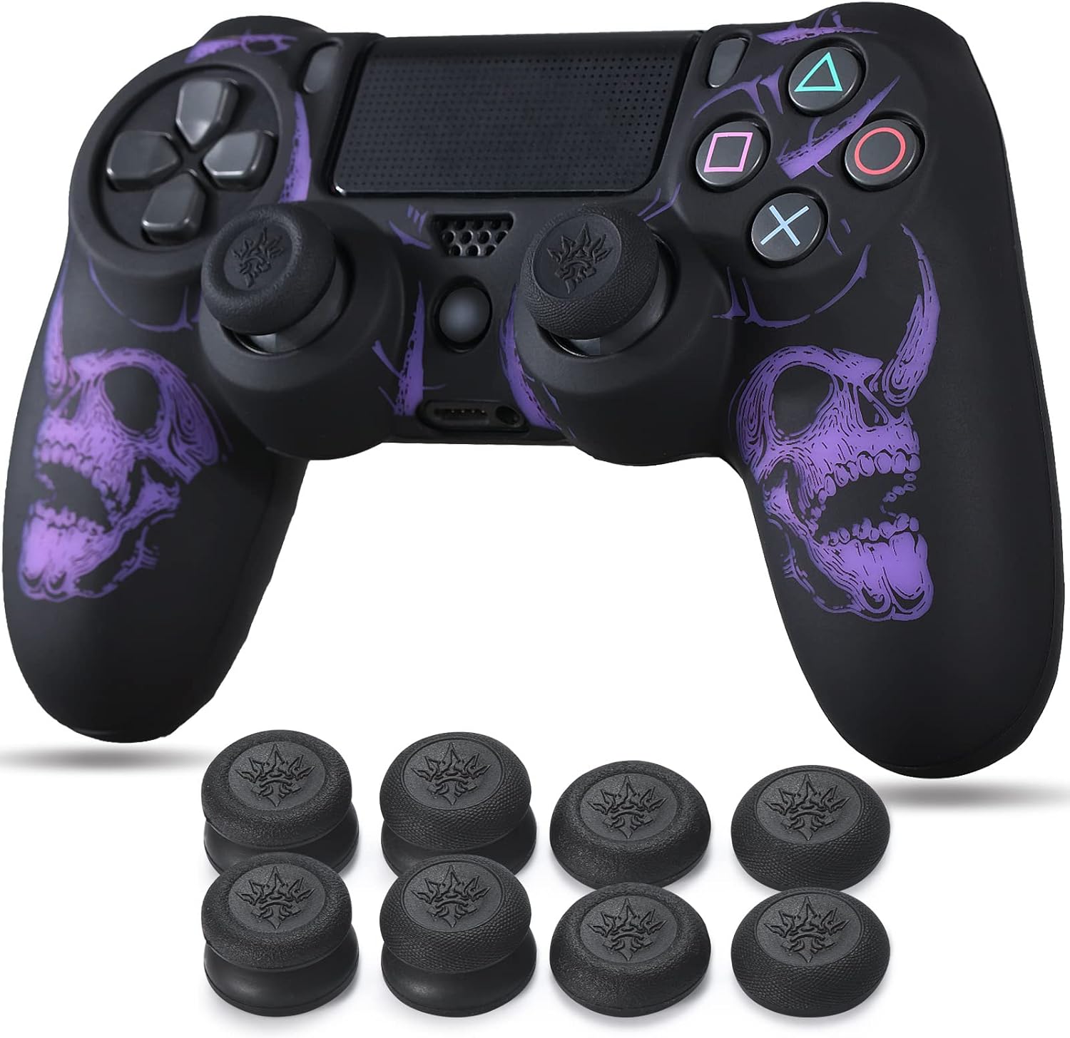 Laser Carving Silicone Skin for PS4 Controller x 1(Skulls Purple) with Exclusive Thumb Grips x 8 - Image 2