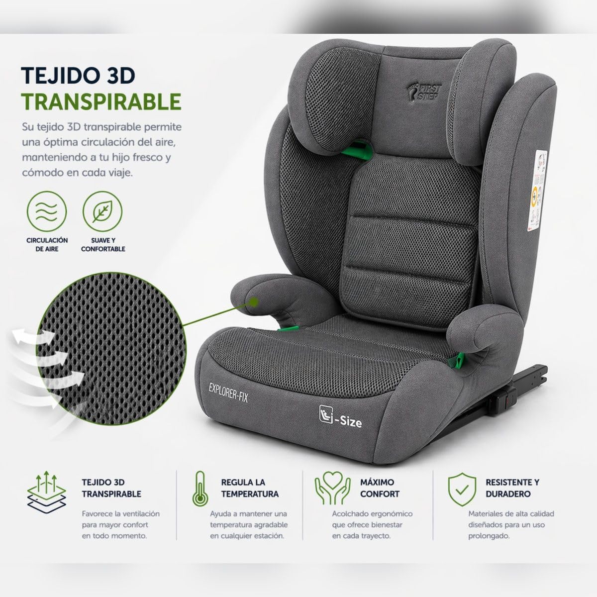 First Step Explorer Fix Silla Coche Niño i-Size (100-150 cm), Grupo 2/3 ISOFIX, Reposacabezas 13 Posiciones, Reclinable, Protección Lateral SPS, De 3,5 a 12 Años, Convertible en Alzador, Gris