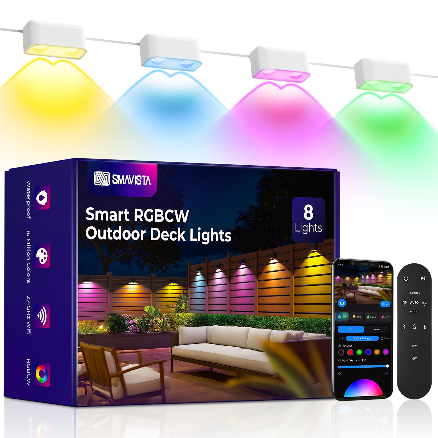Outdoor Deck Lights 8 Packs, Smart RGBCW Fence Light, 100+ Scene Modes, Dual Lens LED String Lights with APP/Voice/Remote Control, IP65 Waterproof for Halloween Christmas Decor, 52ft White