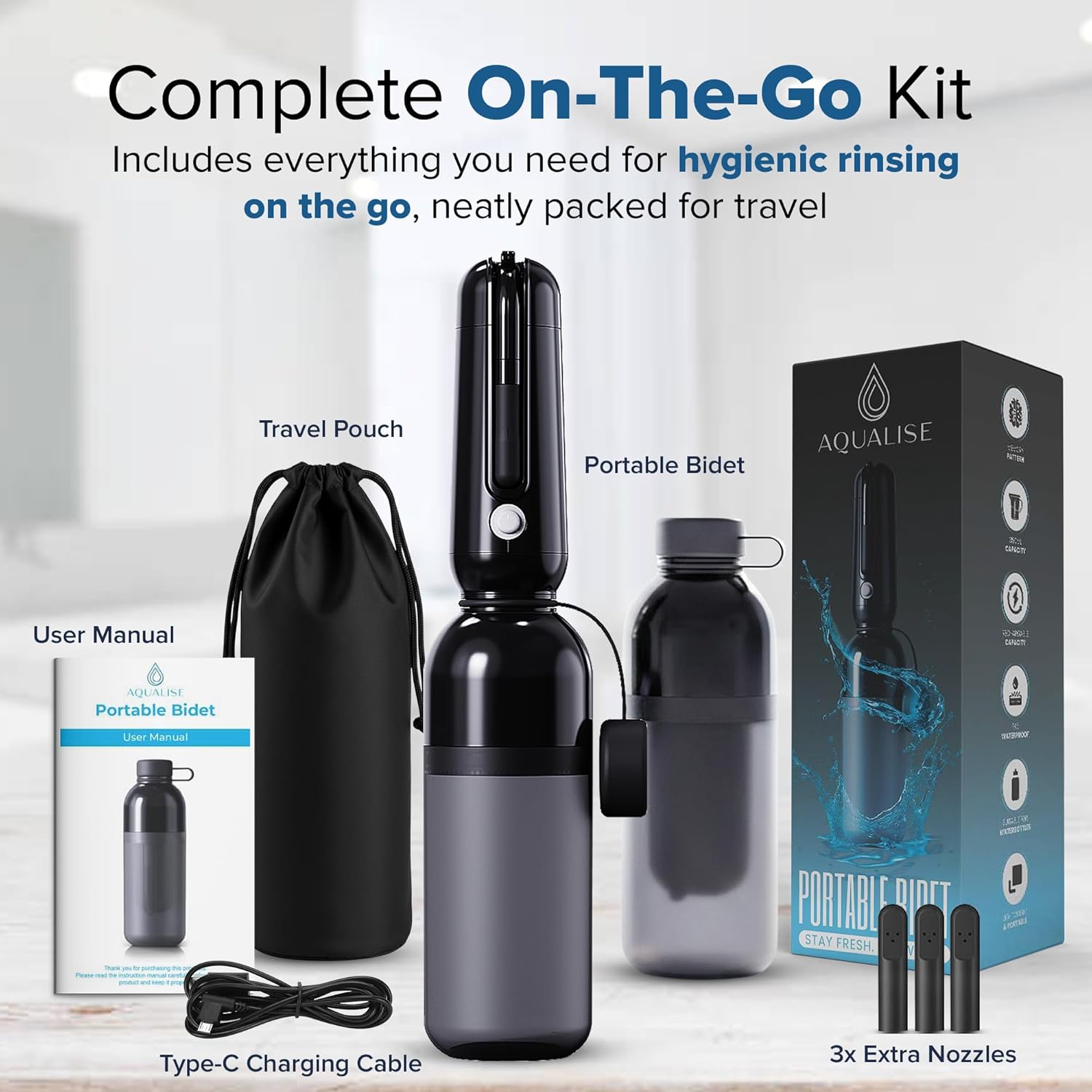 Aqualise Portable Bidet for Travel | Rechargeable Electric Peri Bottle & Handheld Bidet Sprayer | 3 Extra Nozzles & Carry Pouch | Personal Hygiene | Home and Travel | Women & Men | Travel Bidet