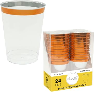 Plastic Disposable Cups with Rose Gold Rim - 10oz, 24 Pack for Parties, Weddings & Events