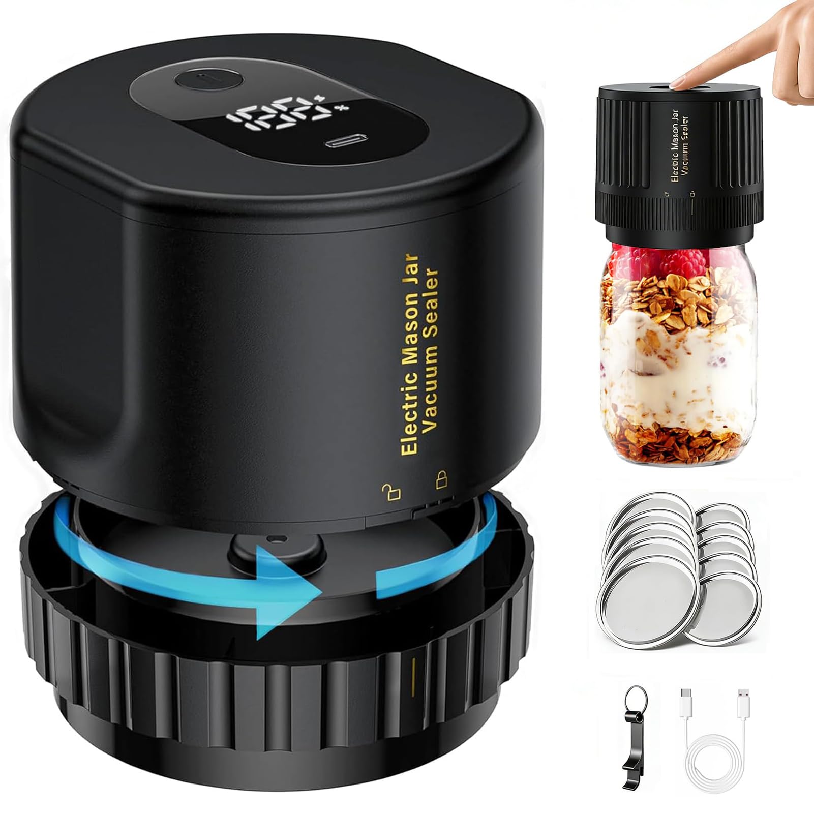 Domigrad Envasadora al Vacío para Tarros Mason Eléctrico con Pantalla LED | Kit de Conservación de Alimentos con 10 Tapas y Abrebotellas, Ideal para Conservas y Conservación de Alimentos