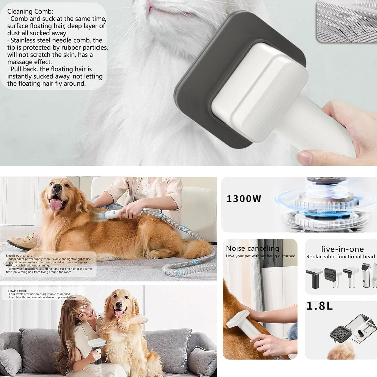 Cortapelos Perros con Aspiradora de Pelo, Maquina Cortar Pelo Perros con Aspirador con1.8L Contenedor, Succión 99% Pelo de Mascotas, Juego de Cortapelos Perros Profesional,220v