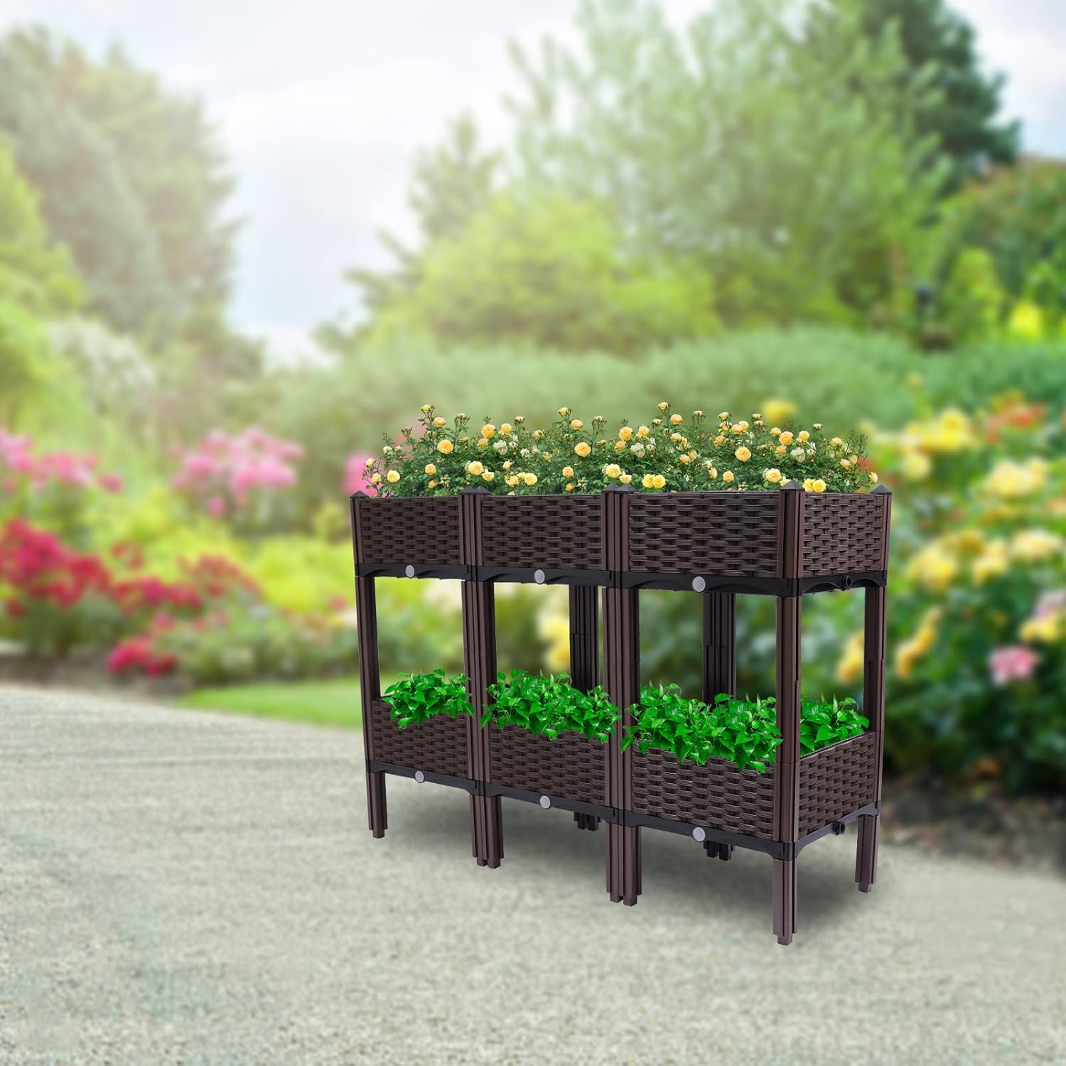 Square Raised Garden Bed, Planter Box Kit, Self-Watering Plastic Planter for Indoor Outdoor Vegetables, Fruits, Potato, Flowers, All Weather, 3.9ft*15.7in*33.8in