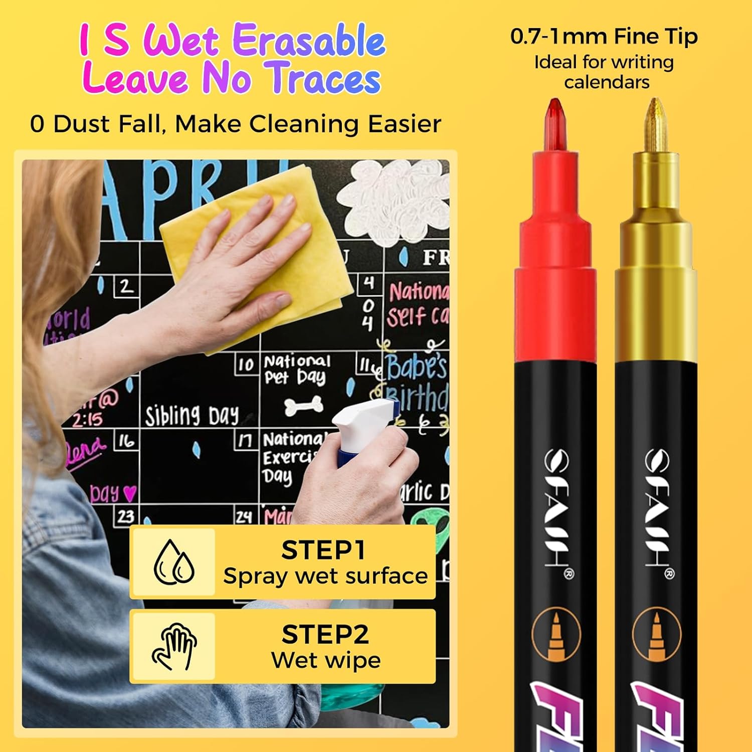 SFAIH 30 Vibrant Liquid Chalk Markers for Bhalkboard, Calendar, Glass - [1s Wet Wipe] No Residue, 0.7-1mm Extra Fine Tip, Chalk Pens for Bistro, Labels [Highlighter Marker Pen for LED light board] - Image 3