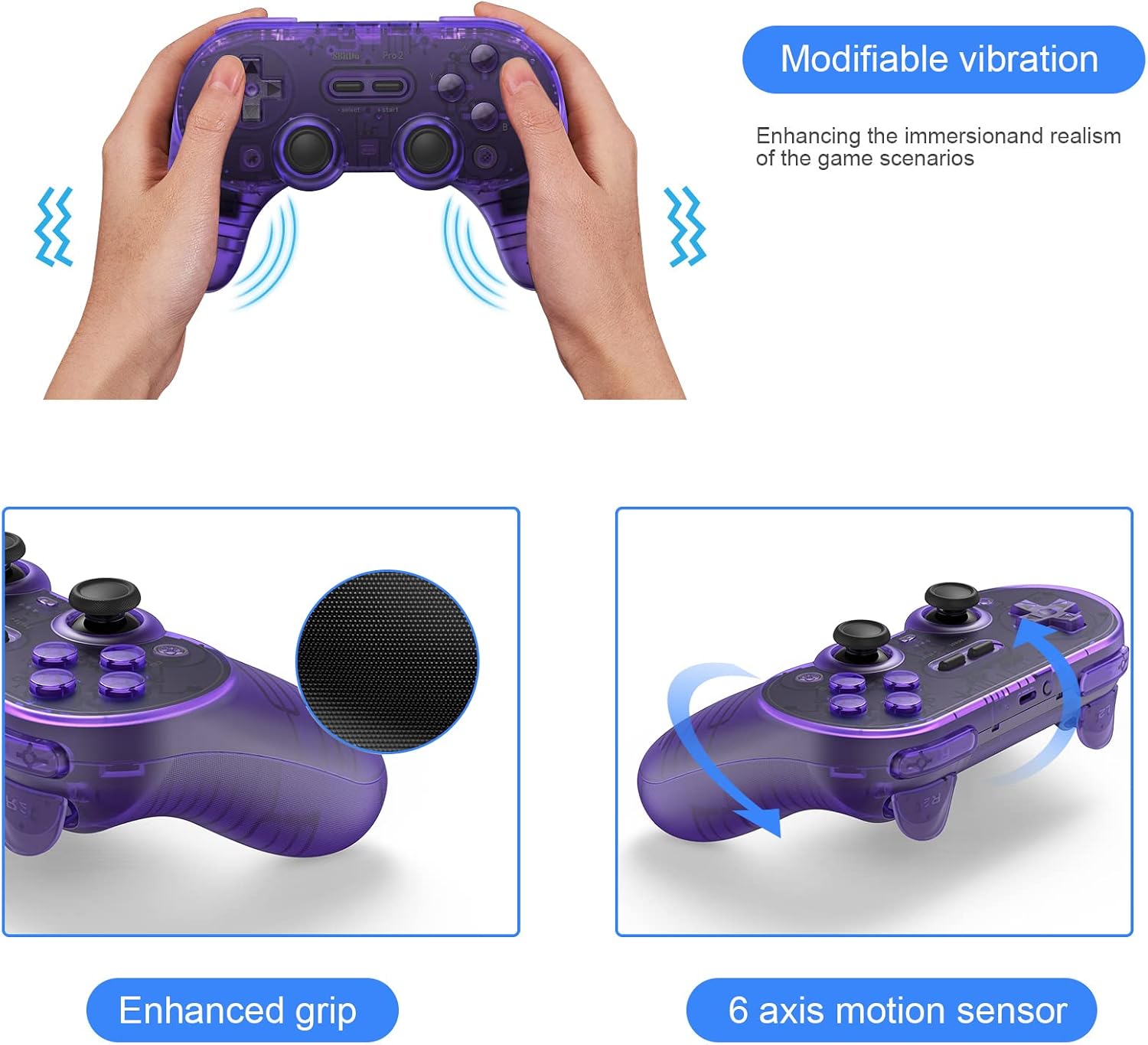 AKNES 8BitDo Pro 2 Bluetooth Wireless Controller for Switch/Switch OLED with 2pcs Joycon Thumb Grip Caps,Gamepads for Steam Deck,MacOS,iOS, PC,Android & Raspberry Pi(Clear/Transparent Purple)