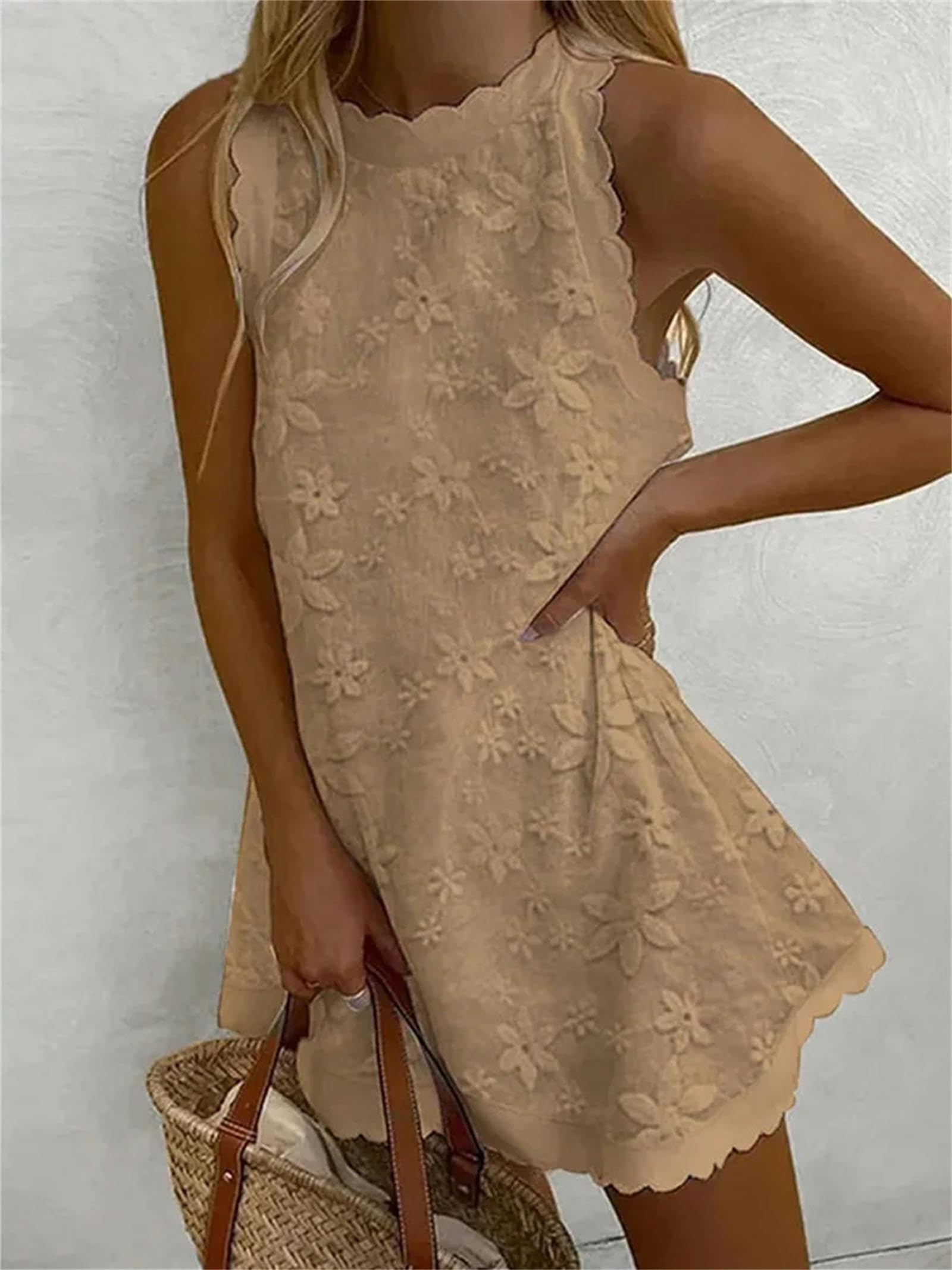 Vestido para Mujer Vestido Sin Mangas para Mujeres Elegante Cuello Redondo Y Suelto Elegante Mini Vestido De Encaje Vestido