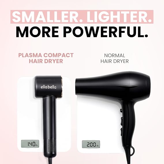 ELLA BELLA Compact Plasma Hair Dryer, Digital Display, Rapid Drying, Quiet