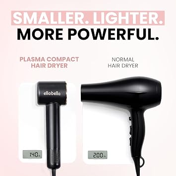 ELLA BELLA Compact Plasma Hair Dryer, Digital Display, Rapid Drying, Quiet