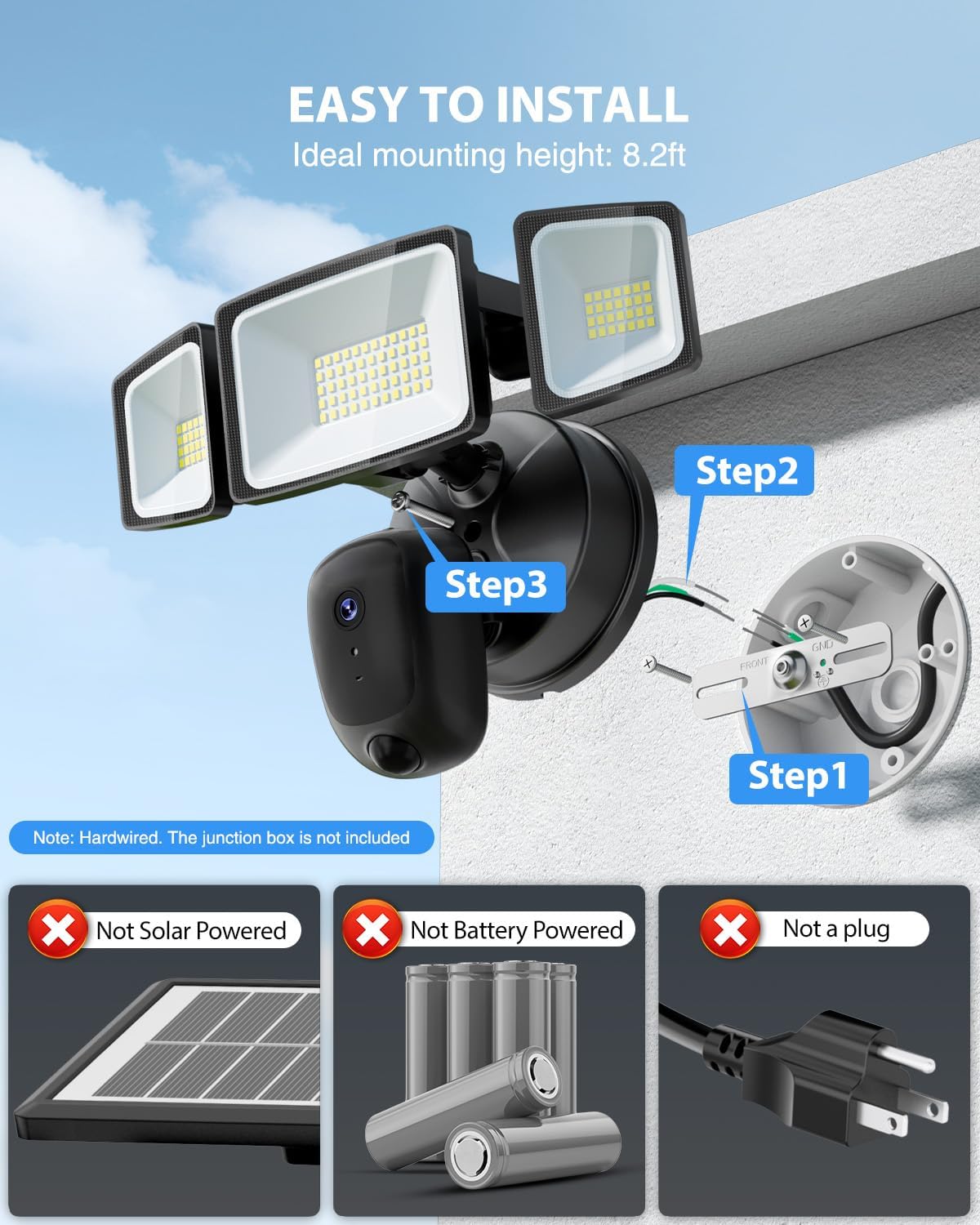 Floodlight Camera Hardwired 6500LM, 2K HD Security Camera Outdoor with Motion-Activated, 2.4G WiFi, Color Night Vision, 24/7 Recording, 2-Way Audio, Built-in Siren, Works with Alexa & Google