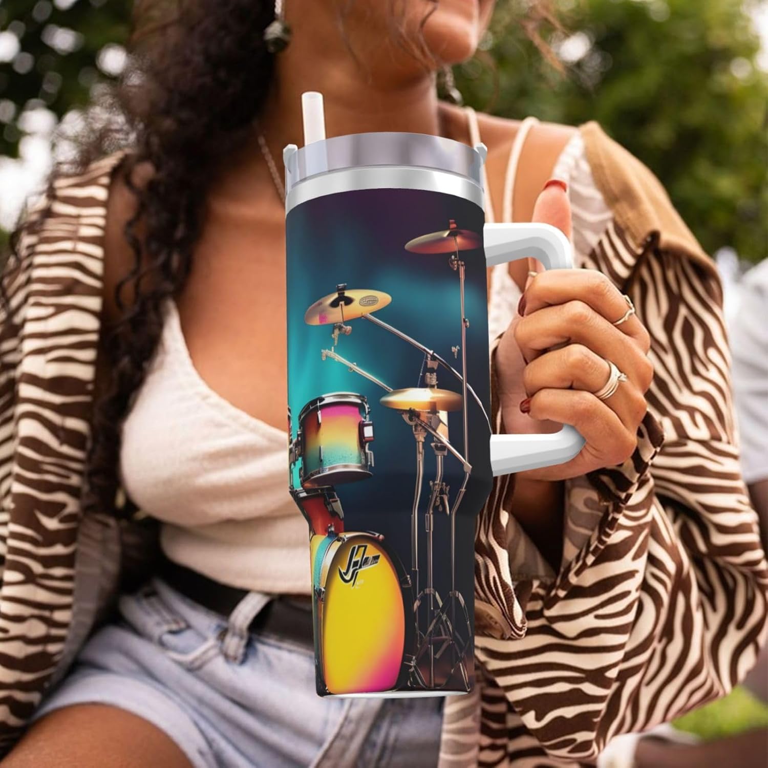 40 OZ Cool Drums Set Print Ice Bully Cup with Handle Straw Lid Straw,Stainless Steel Tumbler Coffee Cup