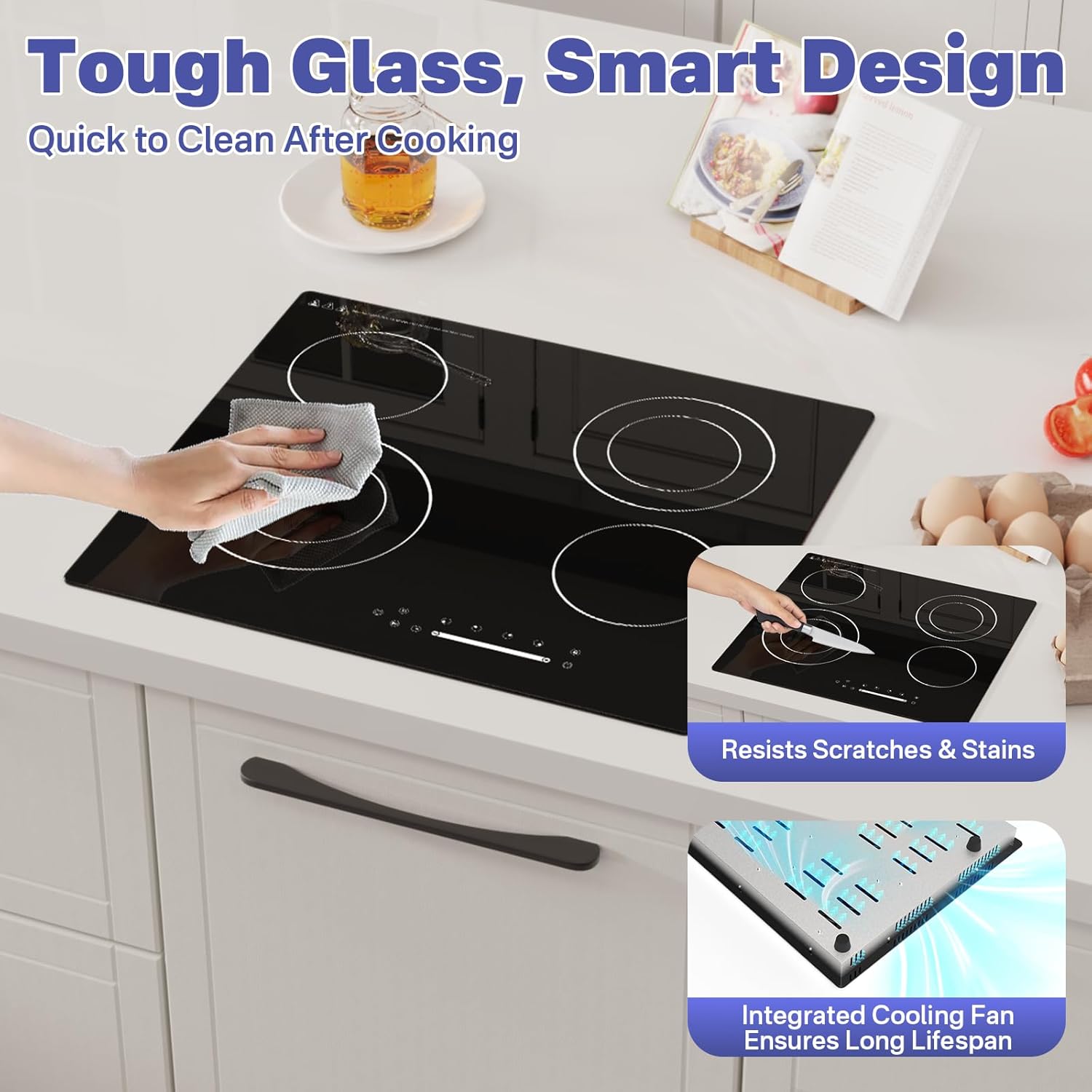 A hand cleaning the smooth black ceramic glass surface of the GRACEALL Infrared Ceramic Hob with a cloth, demonstrating its ease of cleaning and resistance to scratches.
