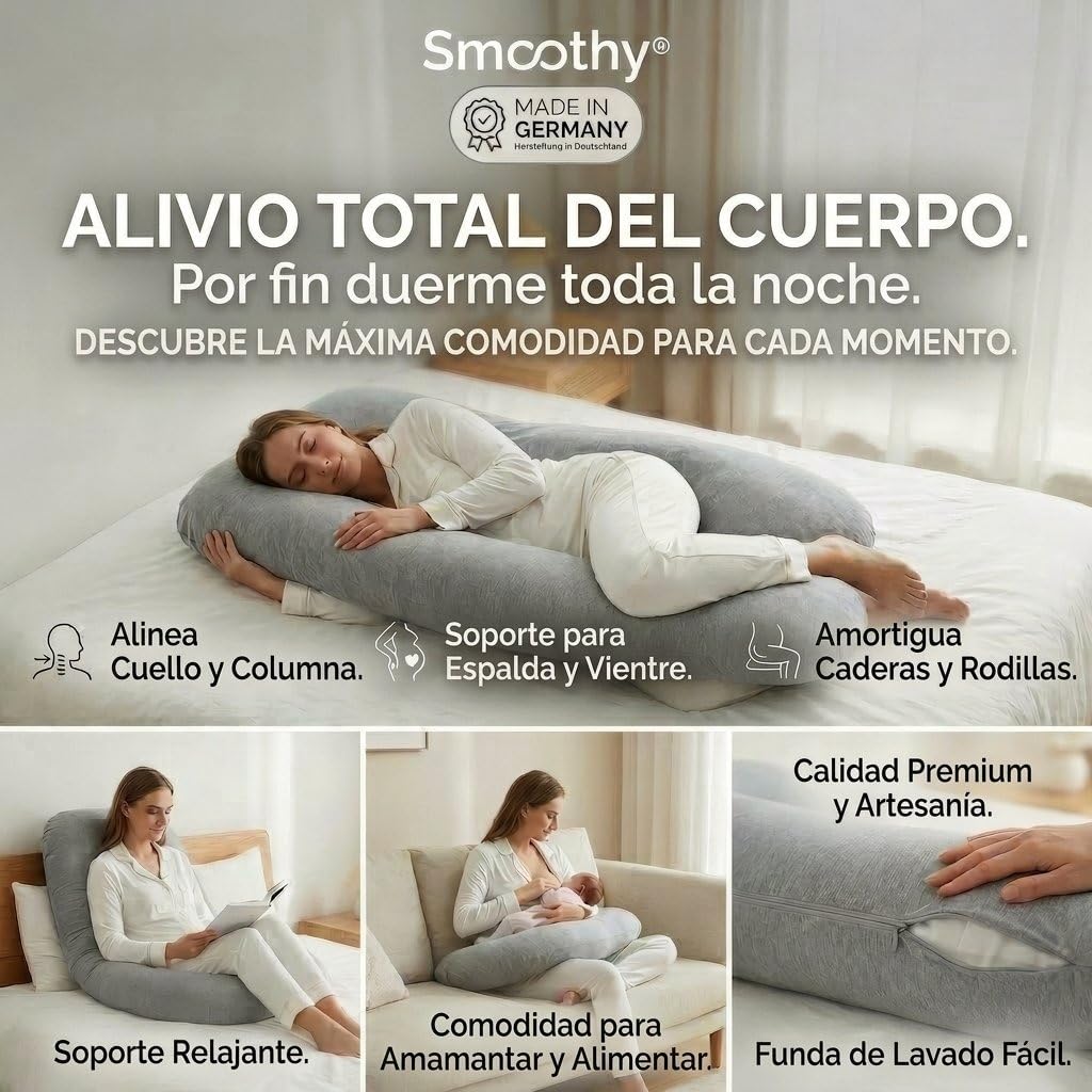 SMOOTHY® Almohada Embarazo en U 120x70 cm - Funda Algodón Lavable | Relleno de fibra de silicona que recupera su forma - sin cremallera que se rompa - ideal para dormir de lado y lactar