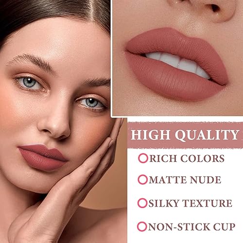 Miniatura 5 de Juego de 3 lápices labiales de lápiz labial color nude, terciopelo mate, juego de brillo de labios desnudo, impermeable, de larga duración,