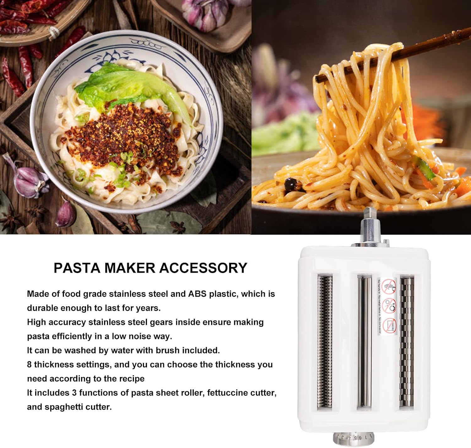 3 in 1 Pasta Maker Attachment for Stand Mixer | 8 Thickness Settings & Stainless Steel Roller | Fettuccine/Spaghetti Cutter Attachment | Easy to Maintain