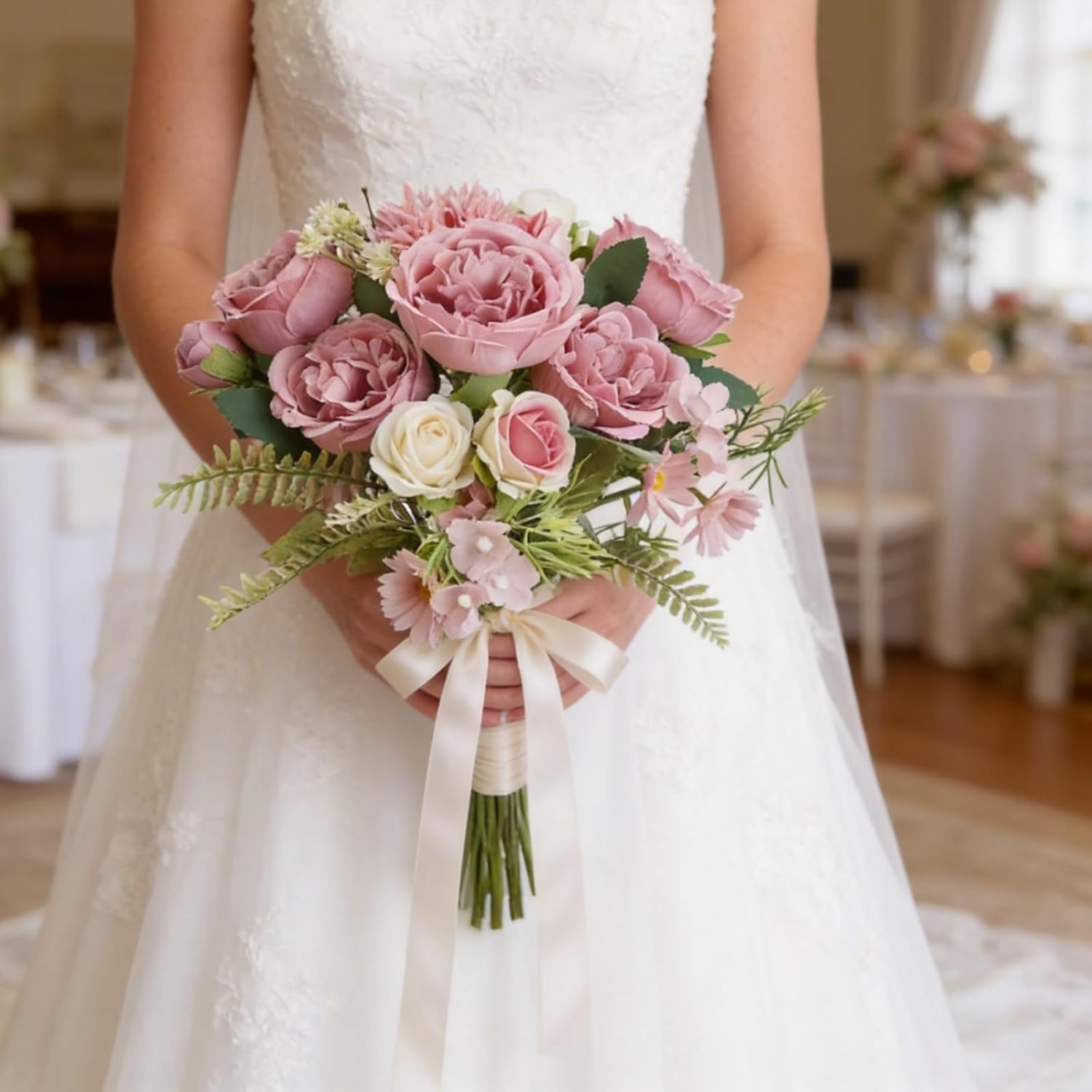 Bundles Artificial Flowers, 24 Bundles Silk Fake Roses Peonies with Stems Faux Flower Bundles for Spring Summer Wedding Bouquet Home Bridal Baby Shower Party Centerpieces Vase Office(Pink)