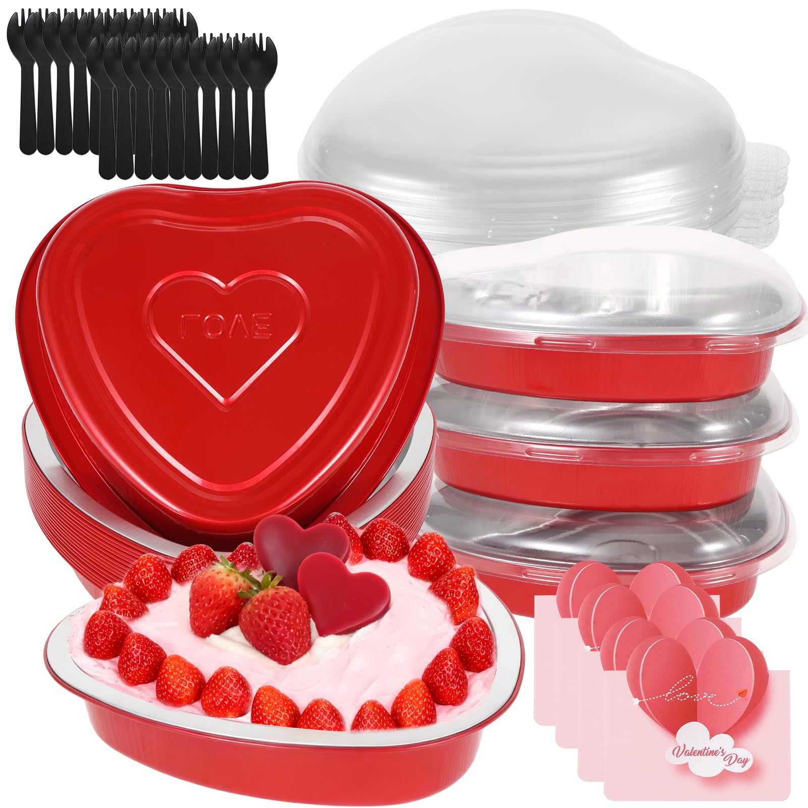 20 Pcs 22 oz Valentine's Heart Cake Pans Red Oven Aluminum Foil Pans with Lids Spoon and Card Dessert Baking Disposable Cupcake Cup for Valentine Wedding Anniversary Party Baking Supplies Cooking