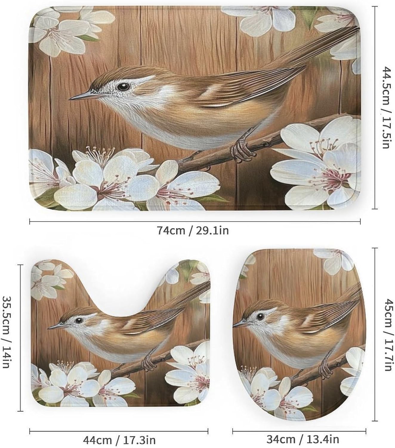 4Pcs Minimalist Branch Bird Shower Curtain Sets, White Flower Leaf Shower Curtains for Bathroom with Rugs, Toilet Lid Cover, Bath Mat, 72" x 72"