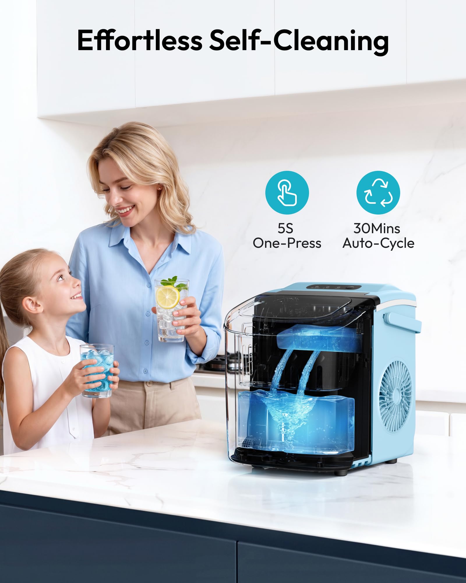 EUHOMY Countertop Ice Maker Machine with Handle, 26lbs Per Day, 9 Ice Cubes Ready in 6 Mins, Auto-Cleaning Portable Ice Maker with Basket and Scoop, for Home/Kitchen/Camping/RV (Blue) view 6