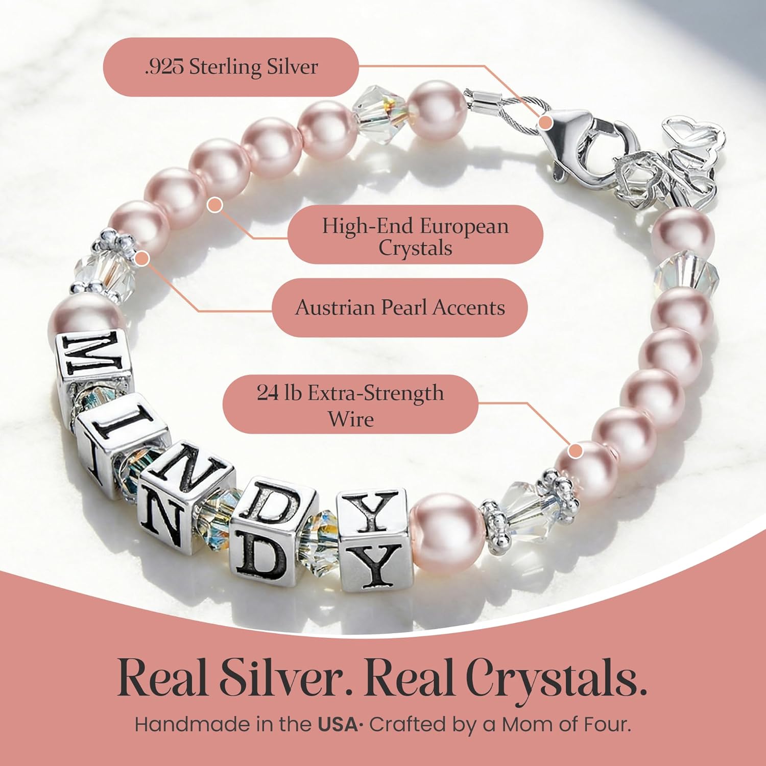 Crystal Dream Personalized Baby Name Bracelet - Customized Sterling Silver Bracelet with European Crystals for Babies, Kids, Teens & Adults - Ideal Gift for Birthdays, Christenings & Special Occasions