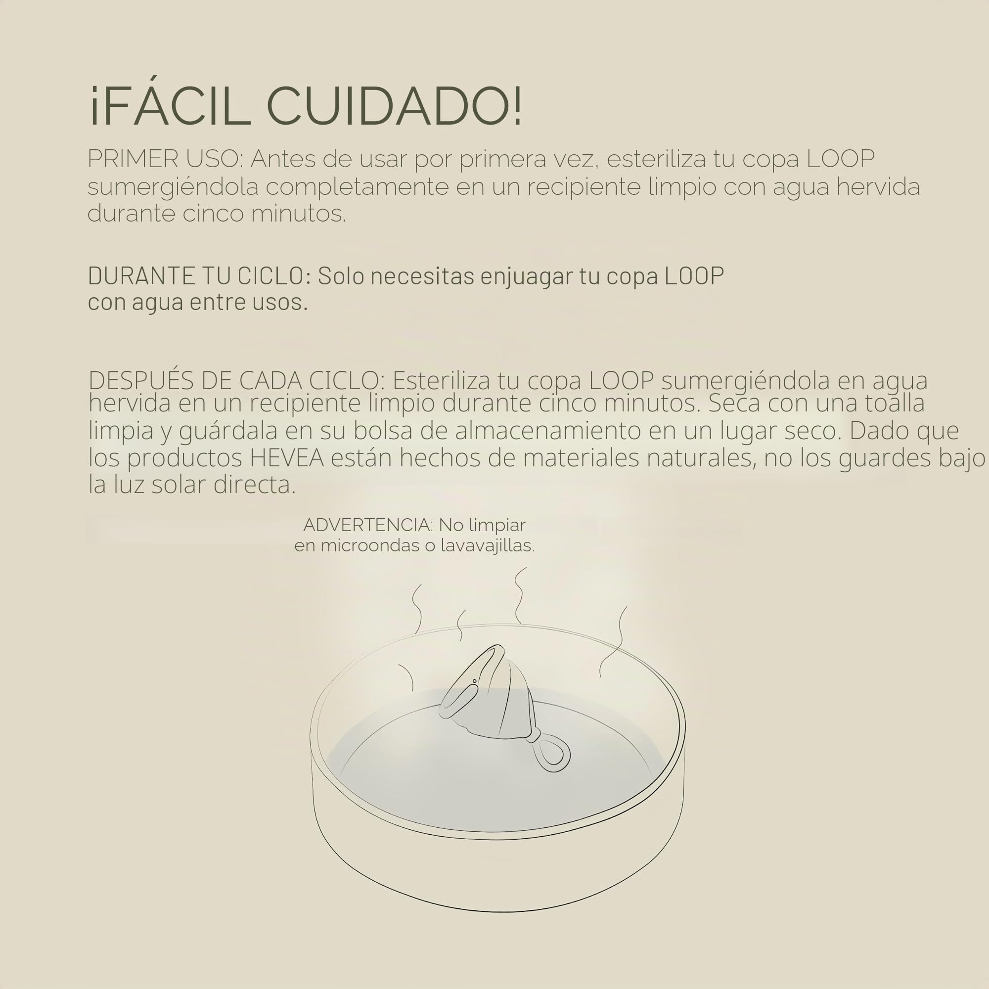 Hevea Copa menstrual, tamaño 3 (natural), 100% goma natural, bucle, uso hasta 12 horas