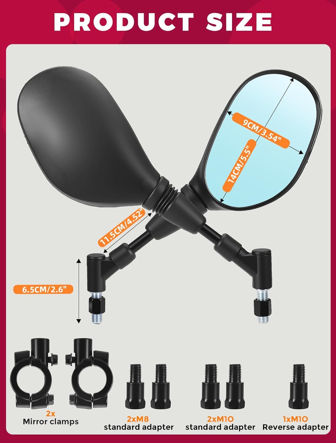ATV Motorcycle Rearview Side Mirrors Universal 360 Degrees Ball-Type Adjustable 7/8" Handlebar Mount 8mm 10mm Adapters for ATV Scooter Moped Polaris Sportsman Honda Rincon