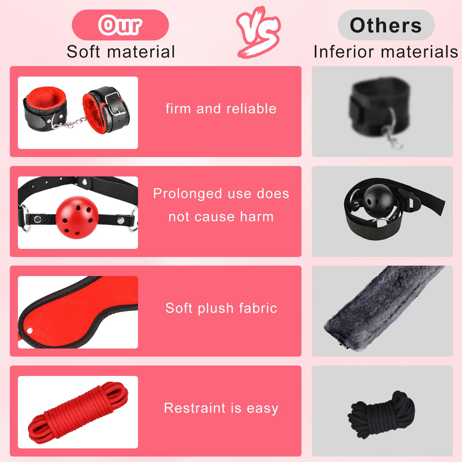 Set bondage nero e rosso kit di contenzione BDSM da 13 pezzi per coppie – Kit bondage per principianti accessorio per sesso estremo per donne e uomini set di contenzione per letto