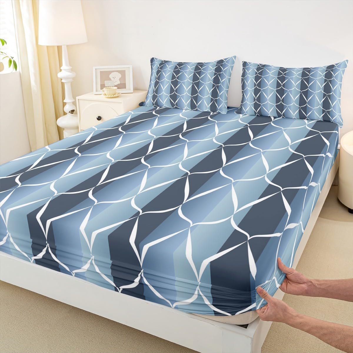 Erosebridal Aegean Blue Abstarct Bed Sheets Full Size for Adult Women Men Geometric Striped Fitted Sheet for Minimalists Aesthetic Lines Bed Set Contemporary Boho Modern Art Sheets